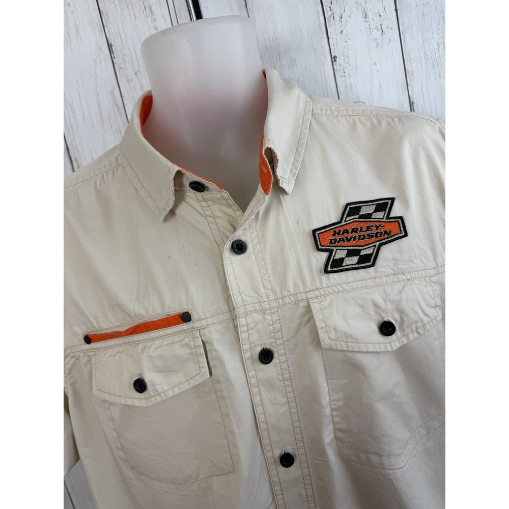 Vtg Harley Davidson Mens Sz L Button Down Shop Work Mechanic Shirt Tan Orange